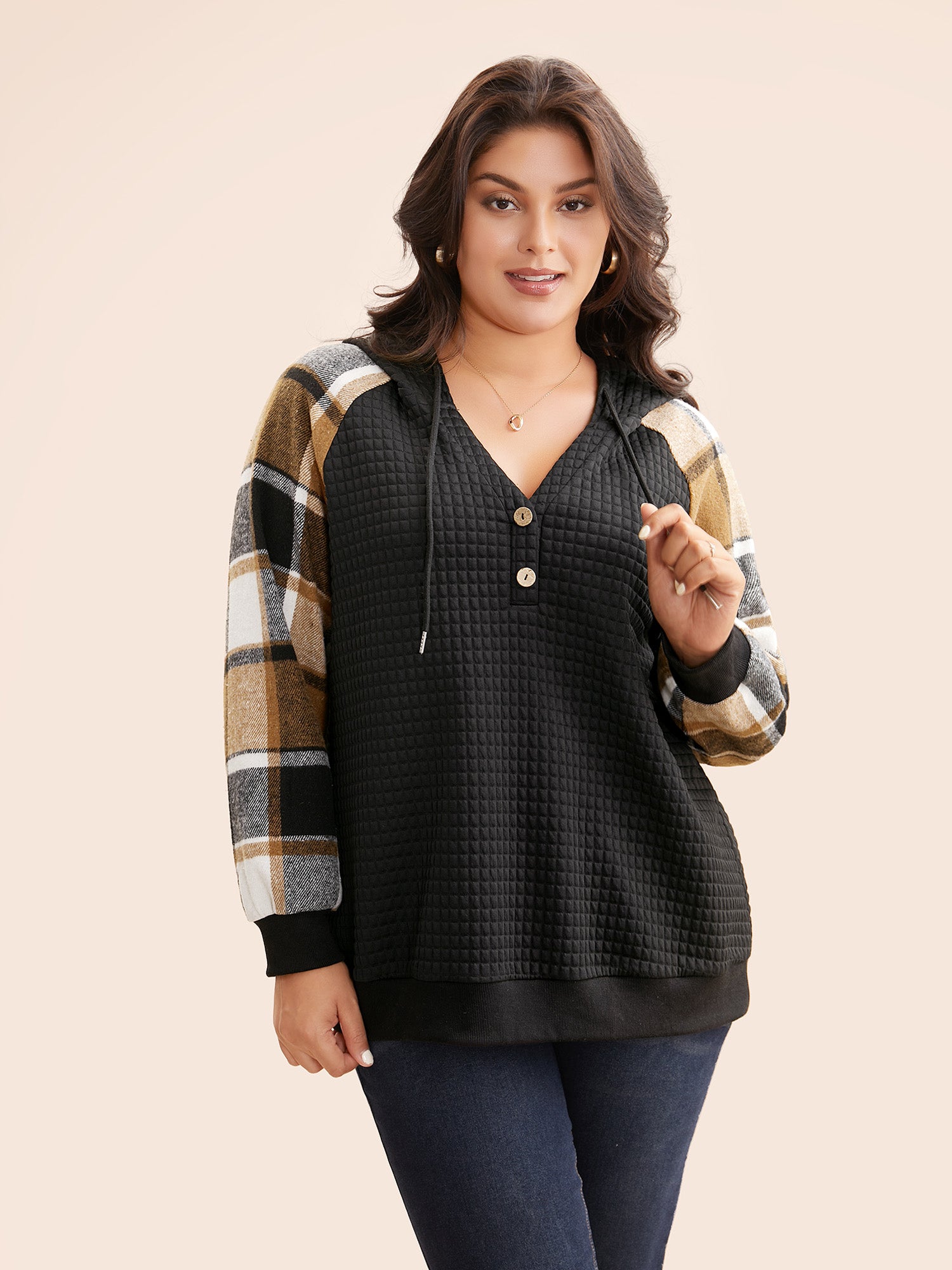 Plaid Patchwork Hooded Raglan Sleeve Sweatshirt