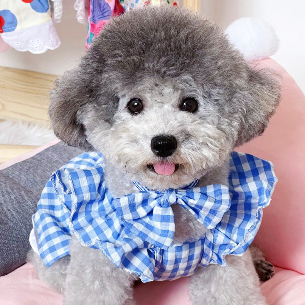 Plaid Printed Dog Cat Dress with Bow