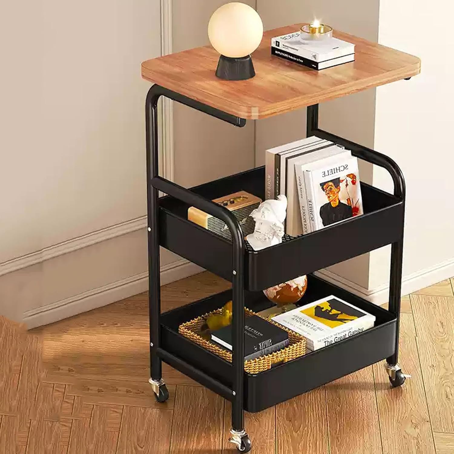 Mobile Side Table 30in Square Endtable with 3 Tier Wood Open Shelf