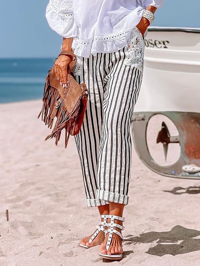 Women's Casual Striped Printed Lace Pocket Trousers