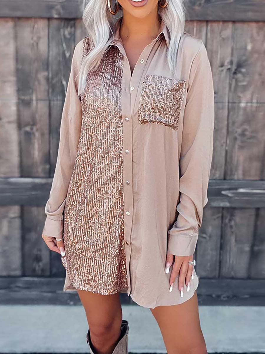 Satin Sequin Button Down Shirt Dress