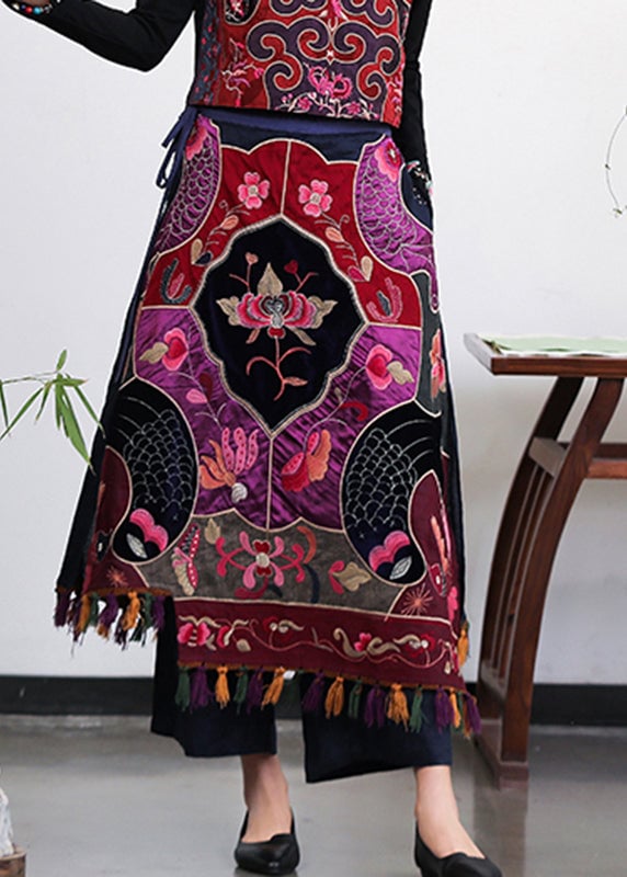 Elegant Embroidered Floral Tassel Drawstring Tie Waist Elastic Waist Skirt Summer