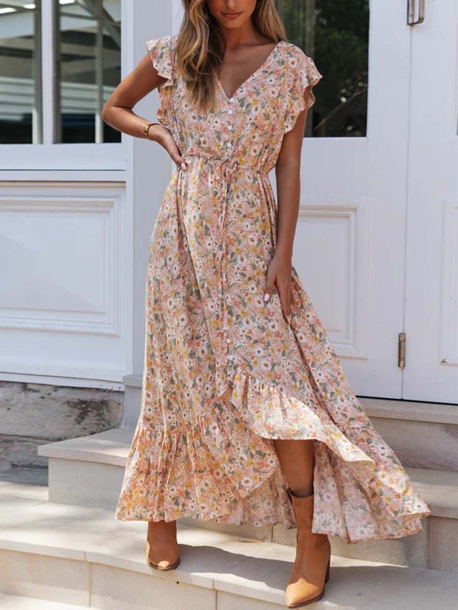 V-neck Print Irregular Dress