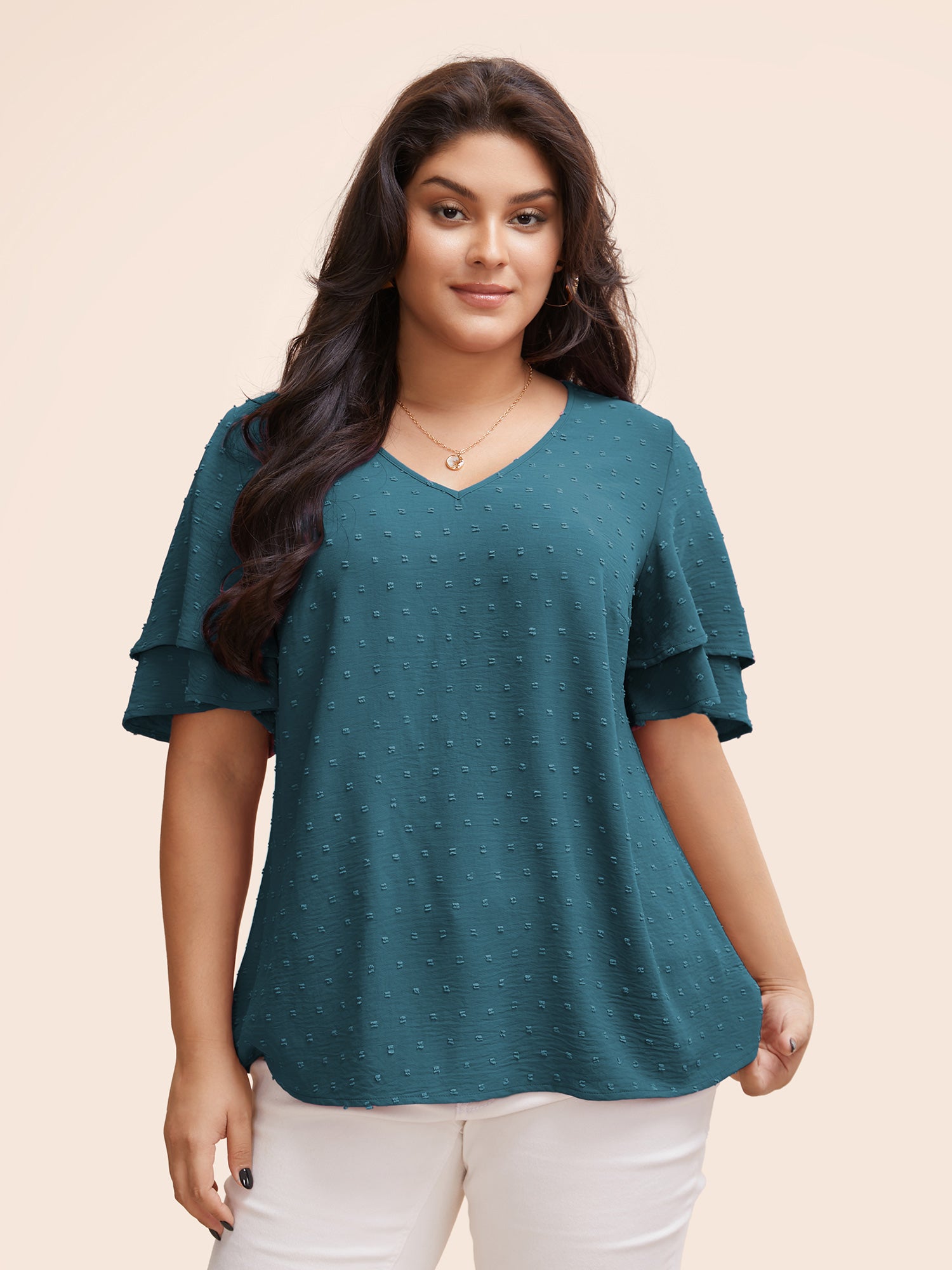 Plain Ruffle Tiered Sleeve V Neck Polka Dot Blouse