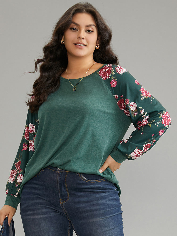 Floral Patchwork Crew Neck Raglan Sleeve T-shirt
