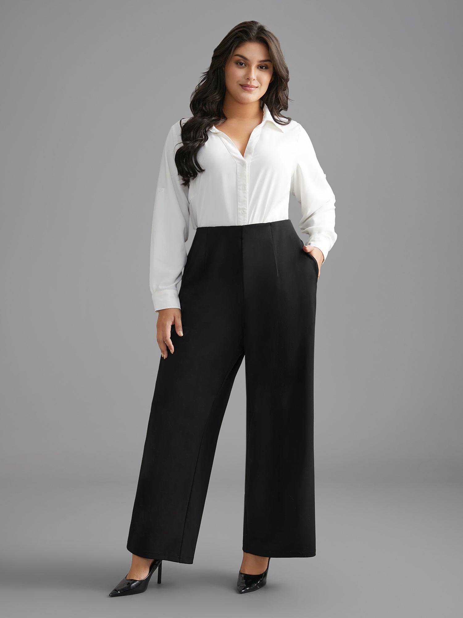 Solid Elastic Waist Pleated Wide Leg Pants