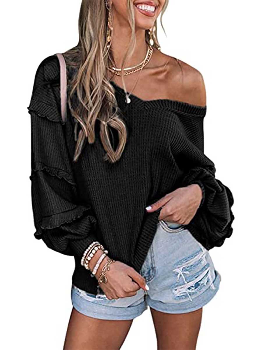 Waffle V-Neck Ruffle Lantern Sleeve Top