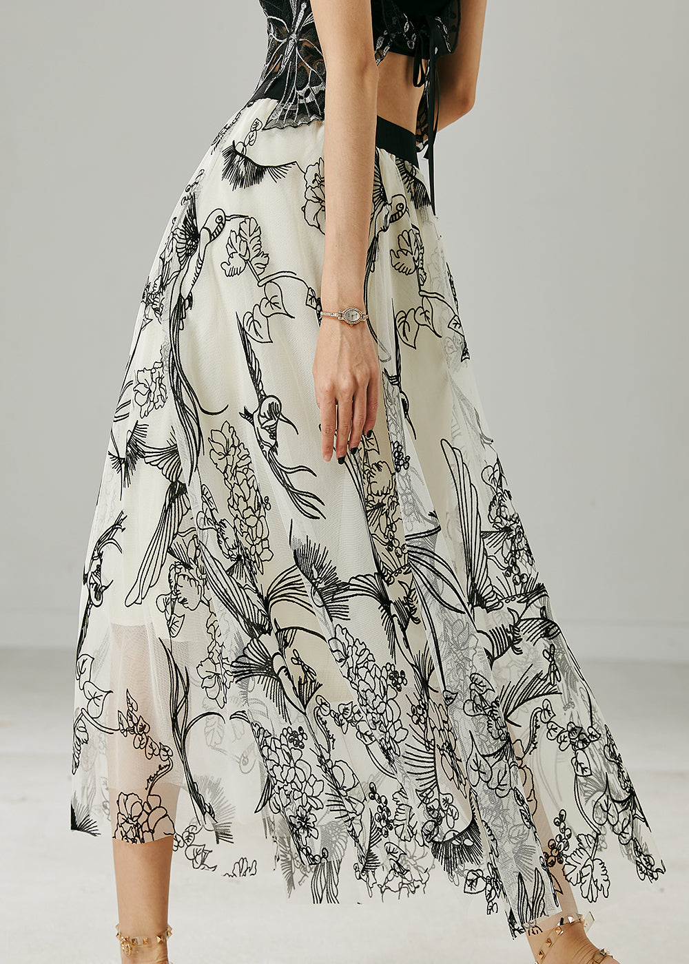 Art White Elastic Waist Print Tulle Skirts Summer