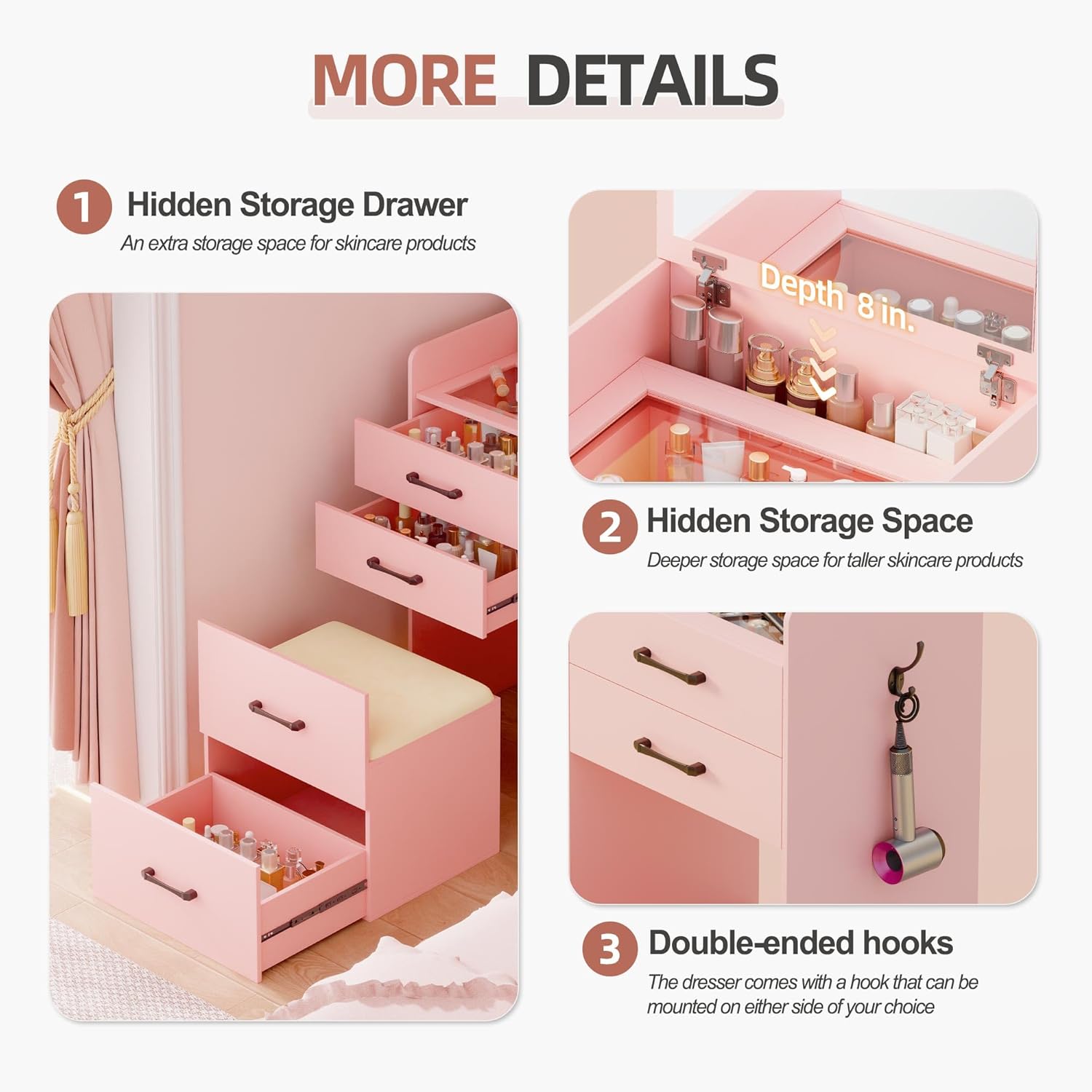 3 in 1 Vanity Desk with Flip Top Mirror for Bedroom