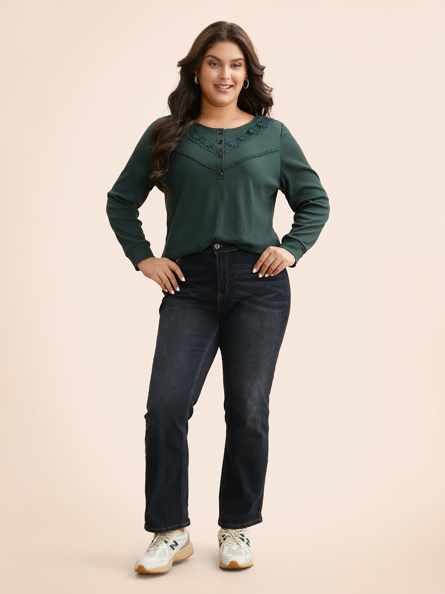 Solid Waffle Knit Lace Trim T-shirt