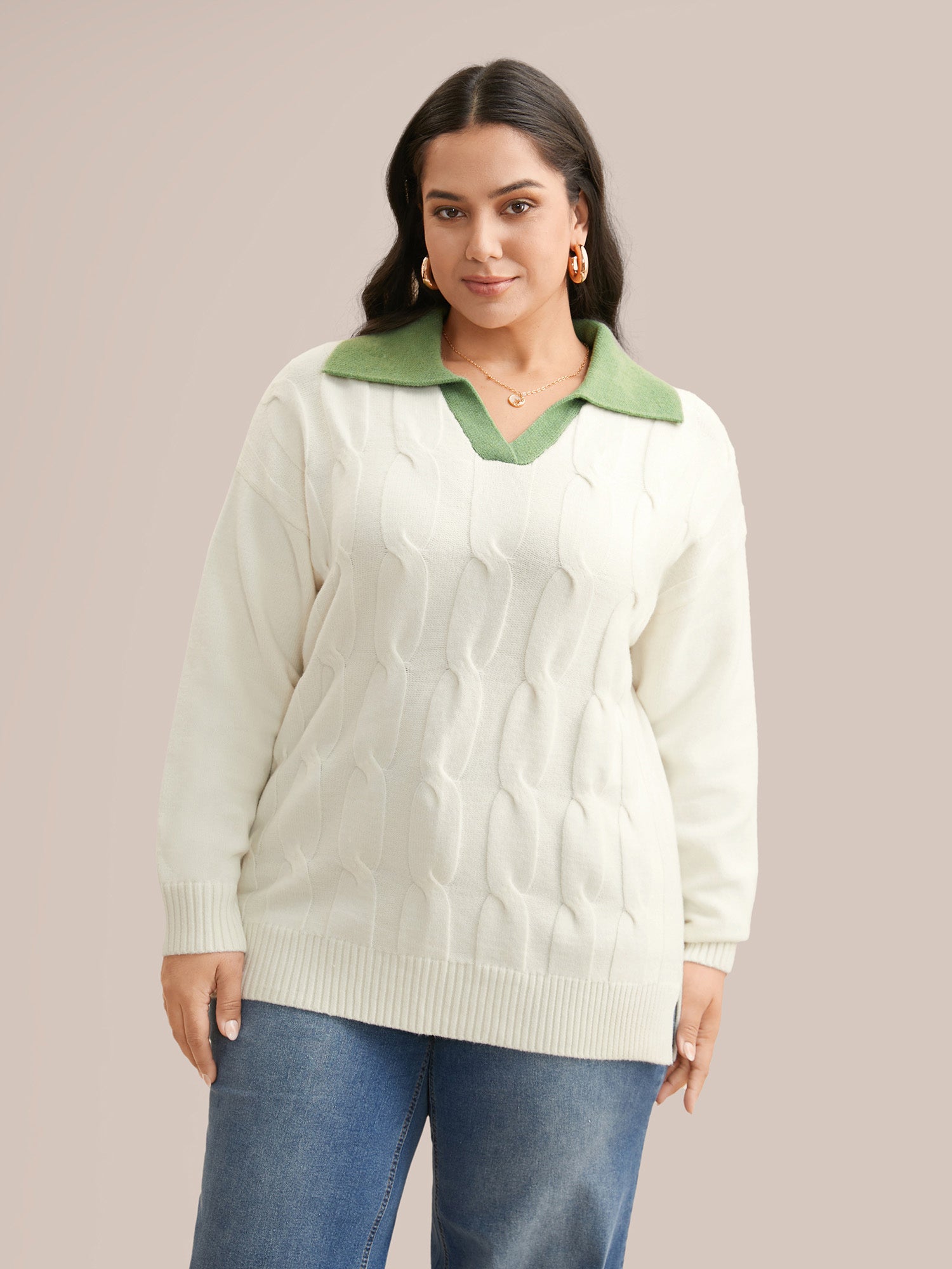 Supersoft Essentials Contrast Polo Neck Cable Knit Pullover