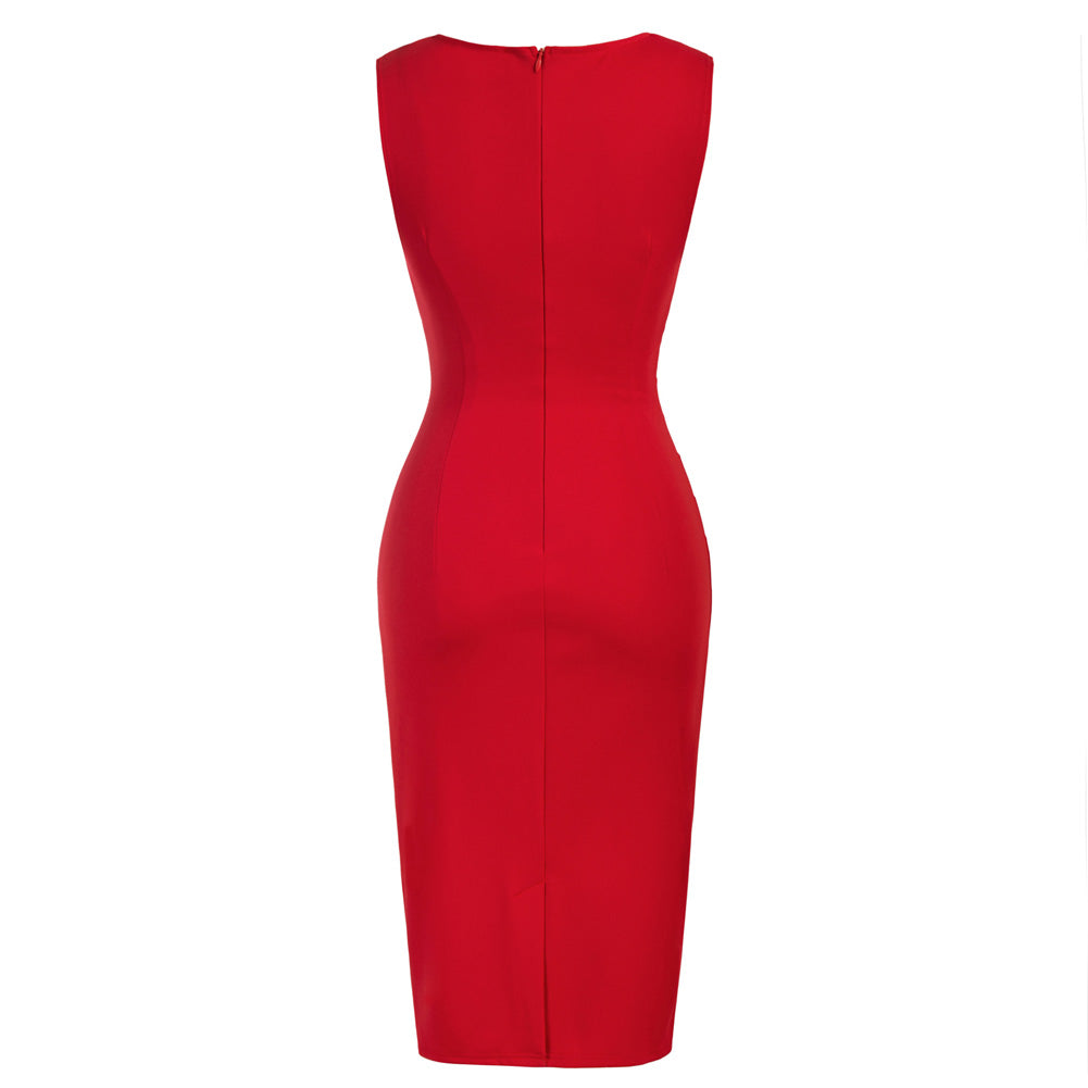 Vintage Ruched Bodycon Dress Sleeveless Surplice V-Neck Pencil Dress