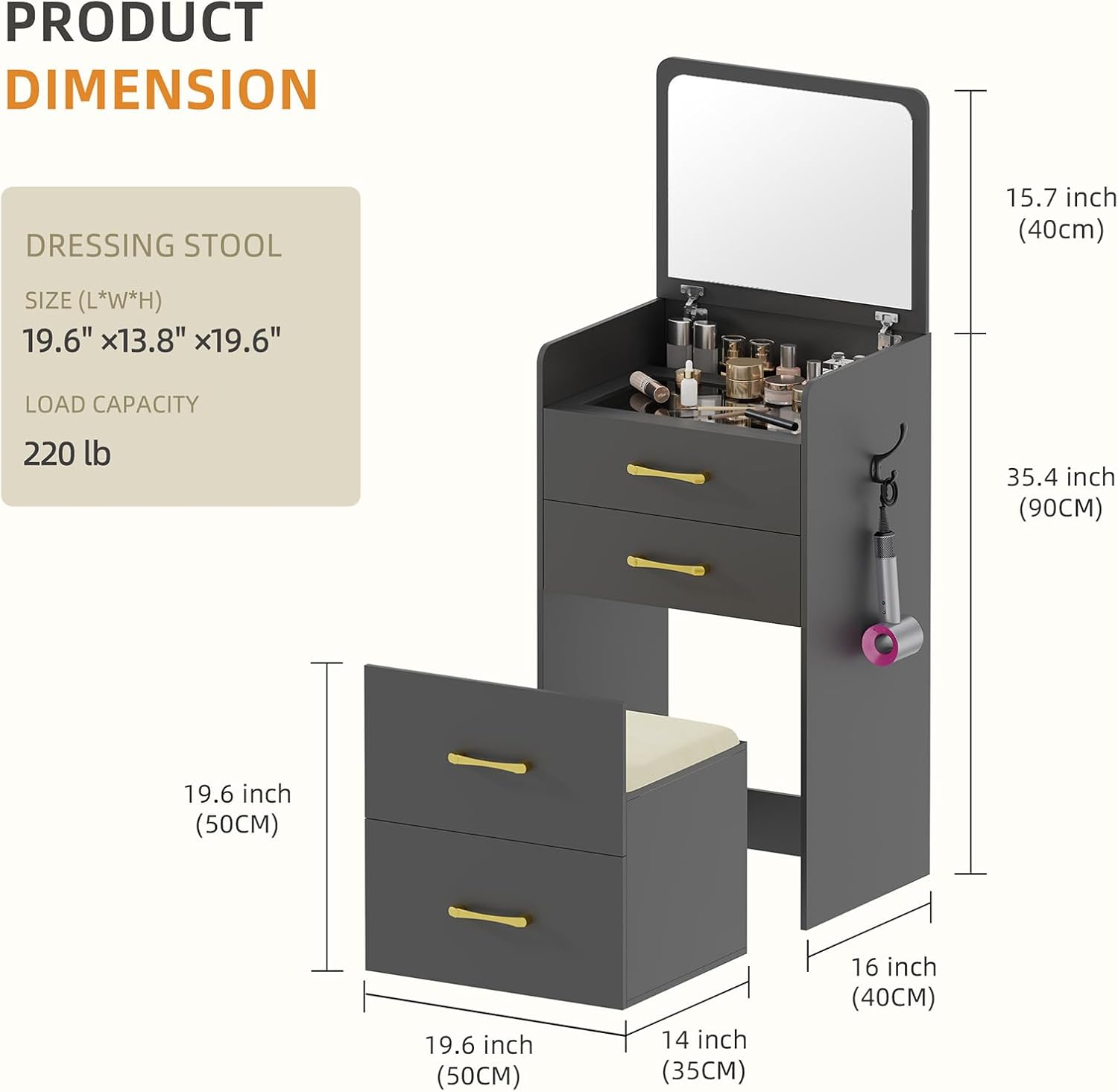 3 in 1 Vanity Desk with Flip Top Mirror for Bedroom