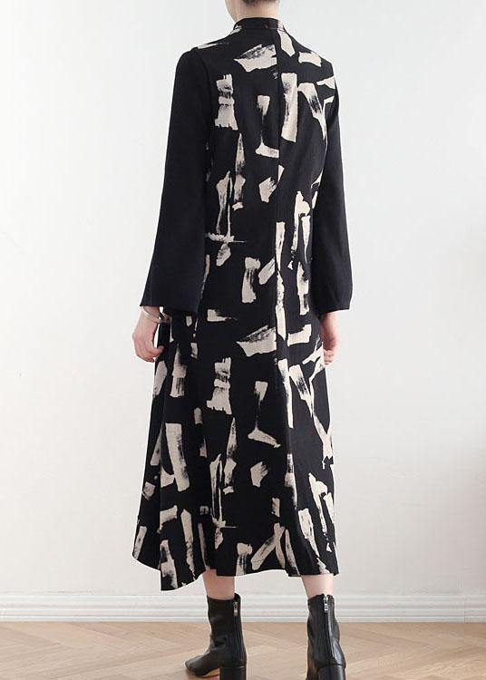 French White Print Pockets Cotton Dress Asymmetrical Design Waistcoat Fall Long Dress