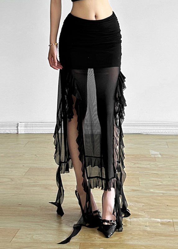 Sexy Black High Waisted Wooden Ear Edge Slit Skirt