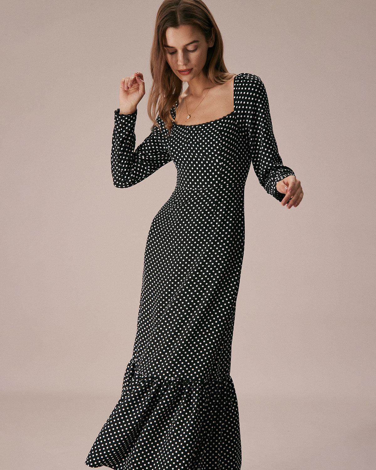 The Black Square Neck Polka Dot Maxi Dress