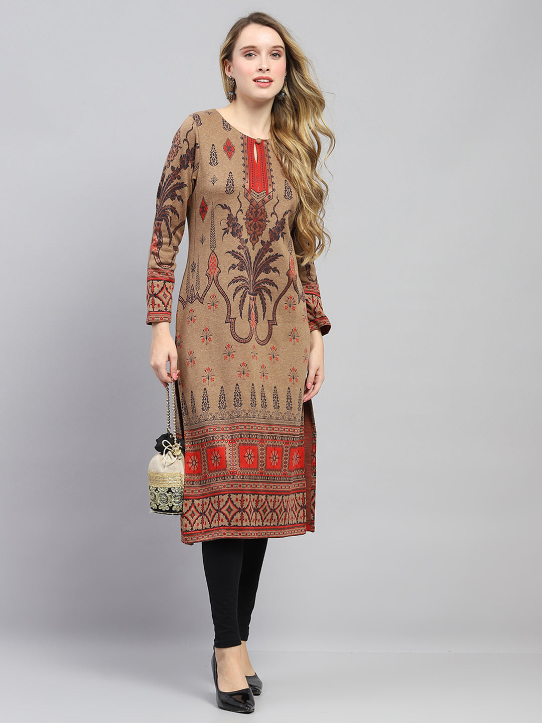 Women Brown Woven Design Round Neck Full Sleeve Winter Kurti