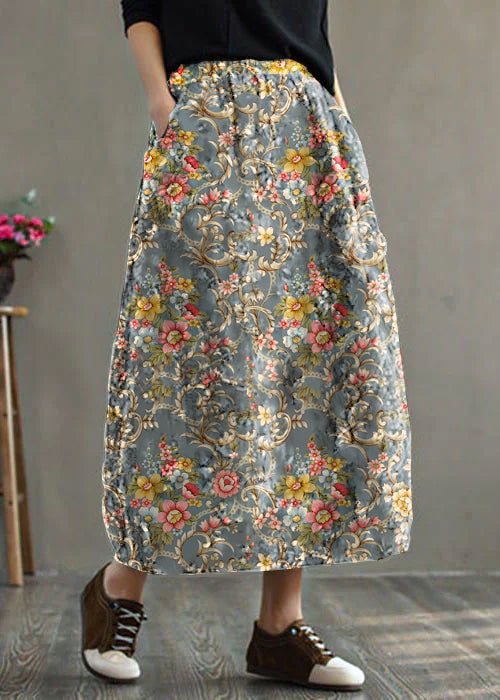 Women Red Elastic Waist Patchwork Print Fine Cotton Filled Skirt Winter
