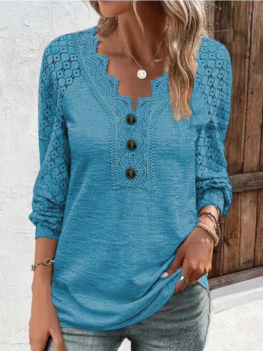 Comfortable Casual Lace Splicing V-Neck Pullover Top Women's T-Shirt