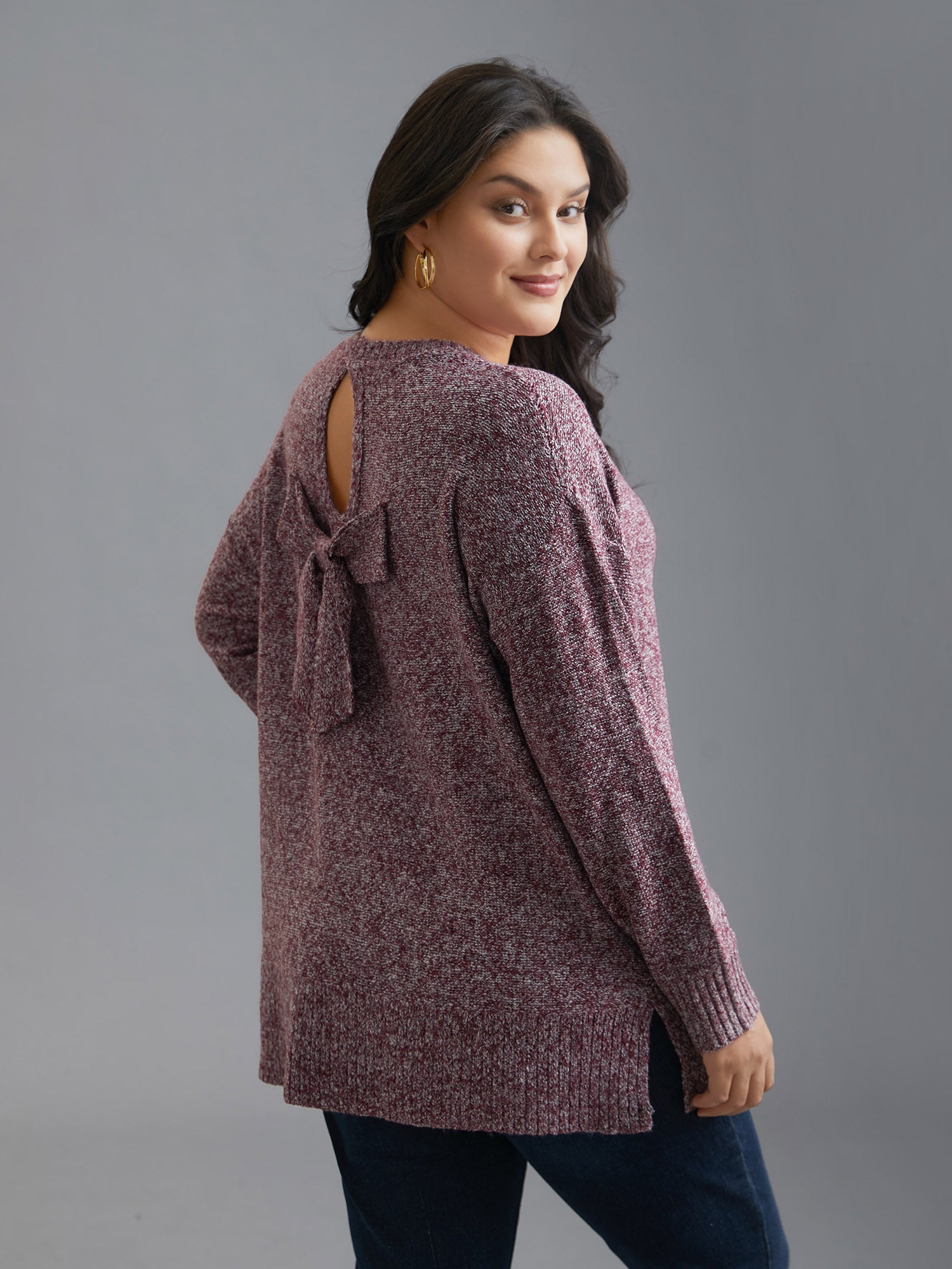 Texture Bowknot Cut Out Slit Hem Pullover