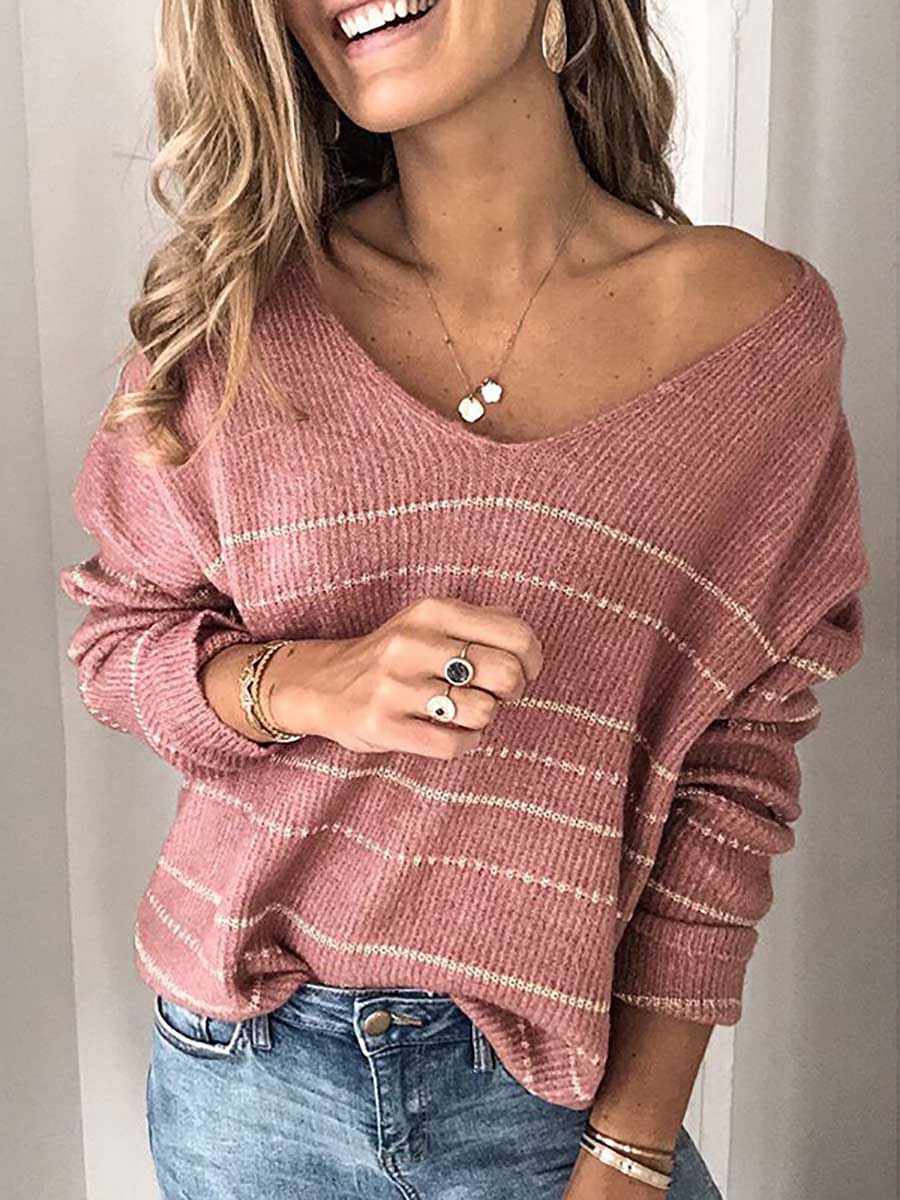 Solid Color Knit Sweater Casual Striped V-Neck Top