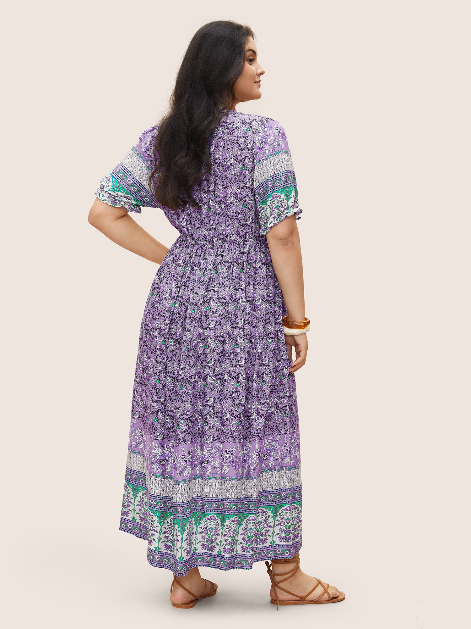 Boho Print Notched Ties Tassel Trim Dress