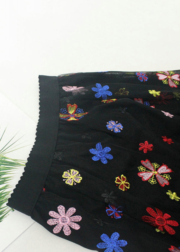 Black Embroidered Elastic Waist Tulle Skirt Summer