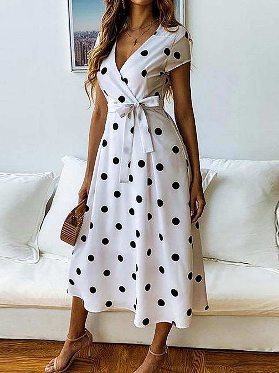 Dot Print V Neck Sleeveless Dress