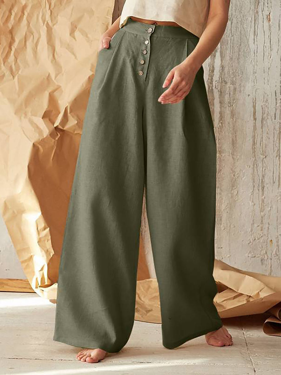 Solid Color High Waist Casual Button Wide Leg Pants