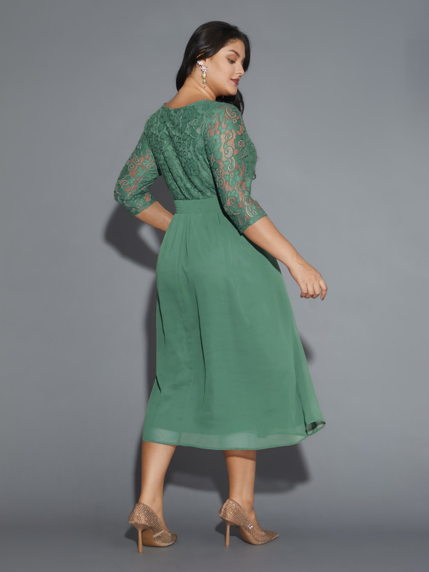 Lace Patchwork Shirred Midi Pocket Dress