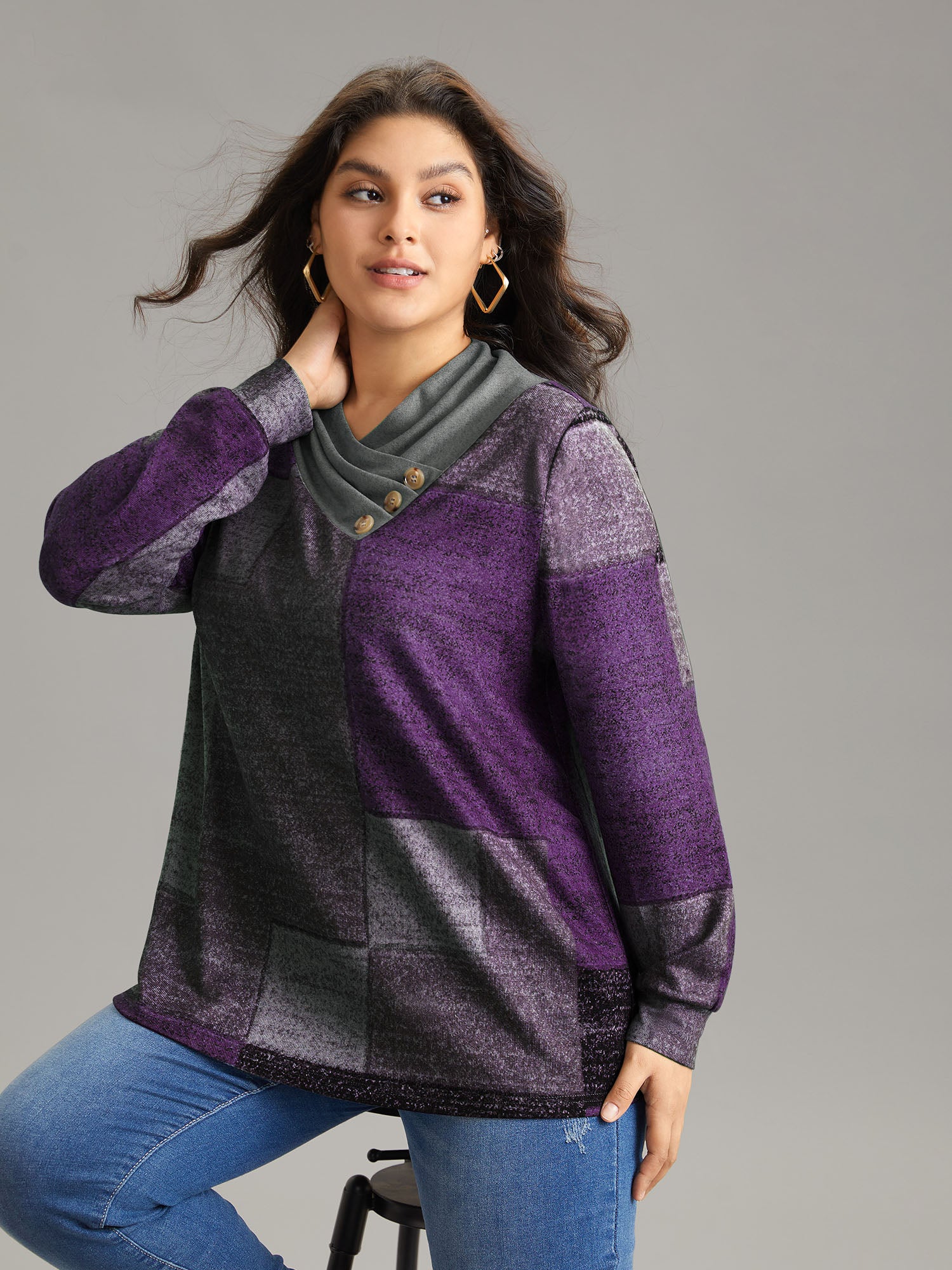 Asymmetrical Colorblock Button Detail Pleated T-shirt