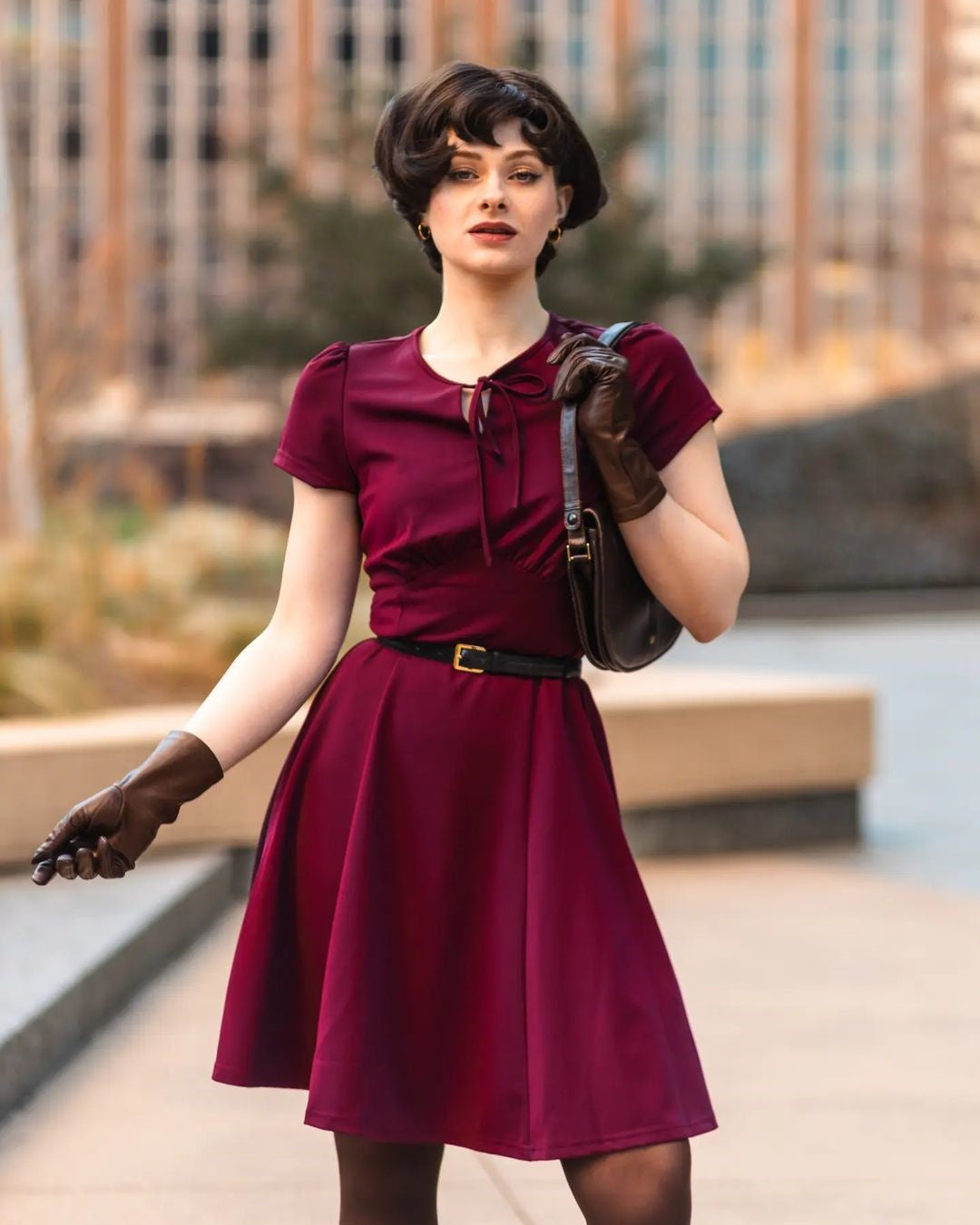 Vintage Lemon Patterns A-Line Swing Dress Keyhole Tie Dress Round Neck Work Dress Tea Dress