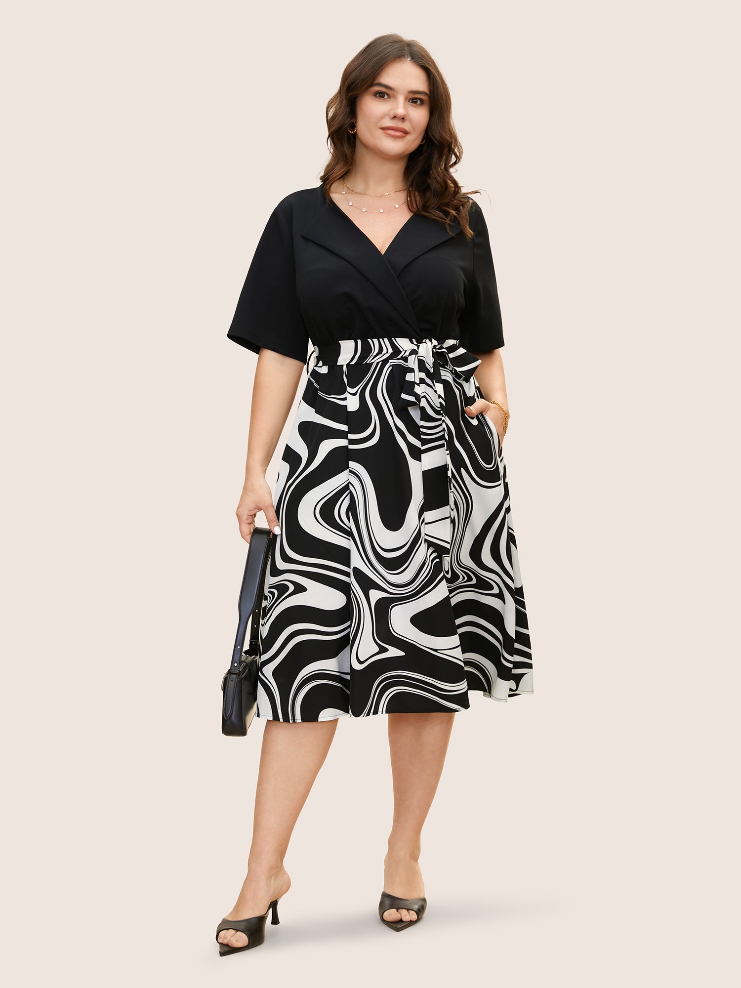 Geometric Patchwork Suit Collar Belted Dress