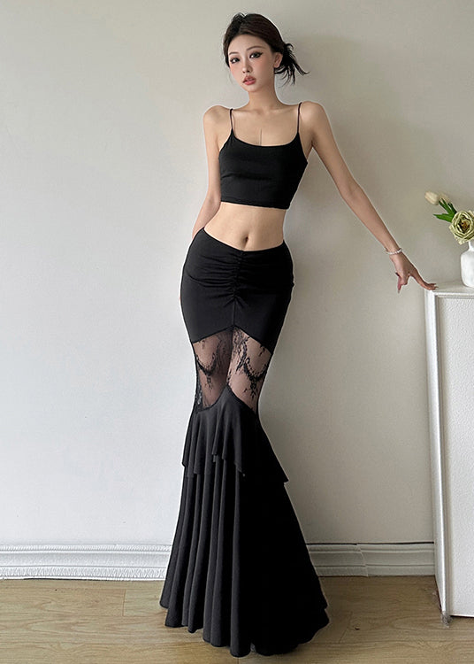Black Tulle Patchwork High Waisted Wrap Buttocks Fishtail Skirt