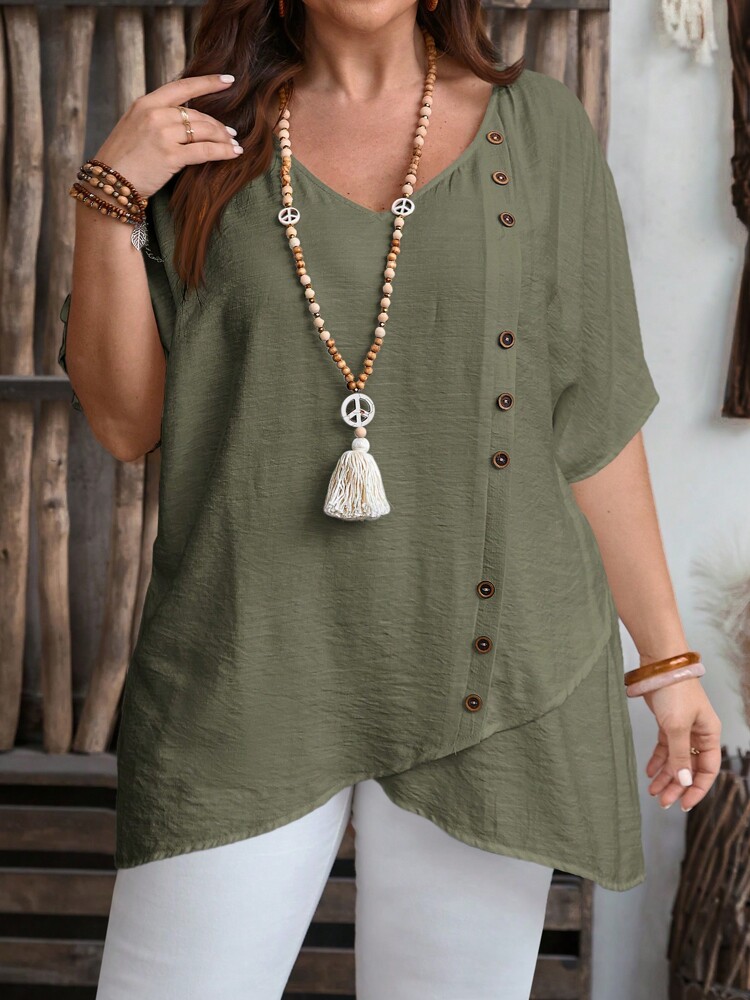 Plus Size Women's Summer Solid Color V-Neck Batwing Short Sleeve Loose Asymmetric Hem Blouse