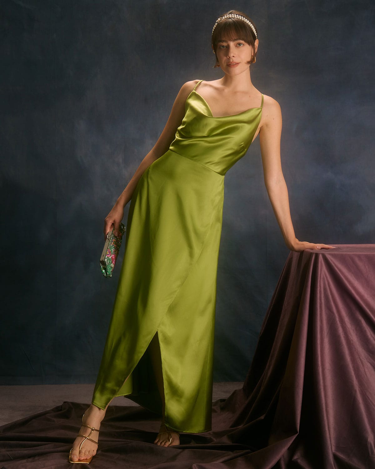 The Green Cowl Neck Split Satin Maxi Dress