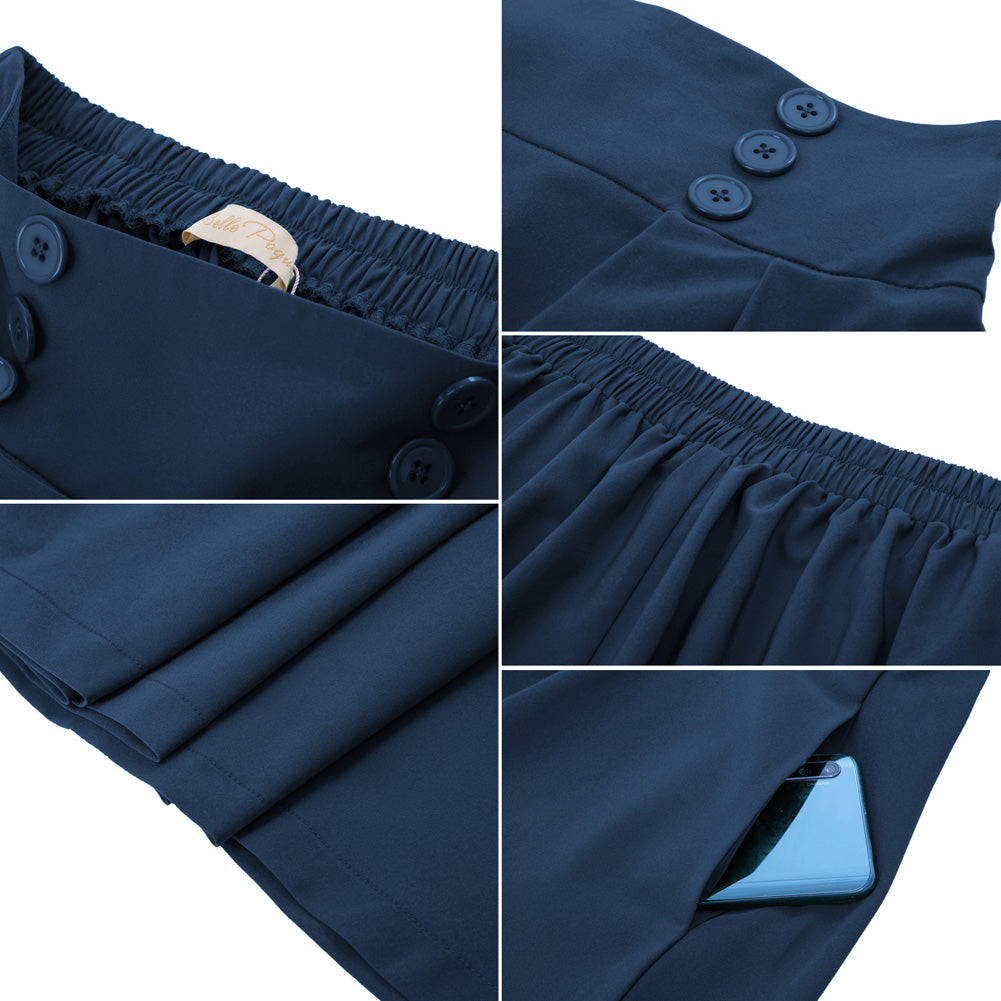 Strawberry Patterns Pleated Buttons Decorated Elastic Waist High Waist Swing A-Line Skirt with Pockets