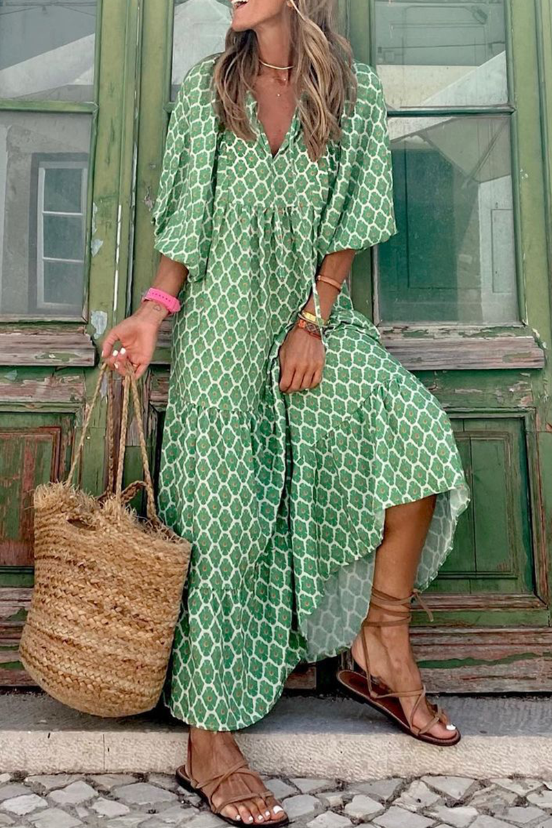 Casual Geometric Frenulum Flounce V Neck A Line Dresses(7 Colors)