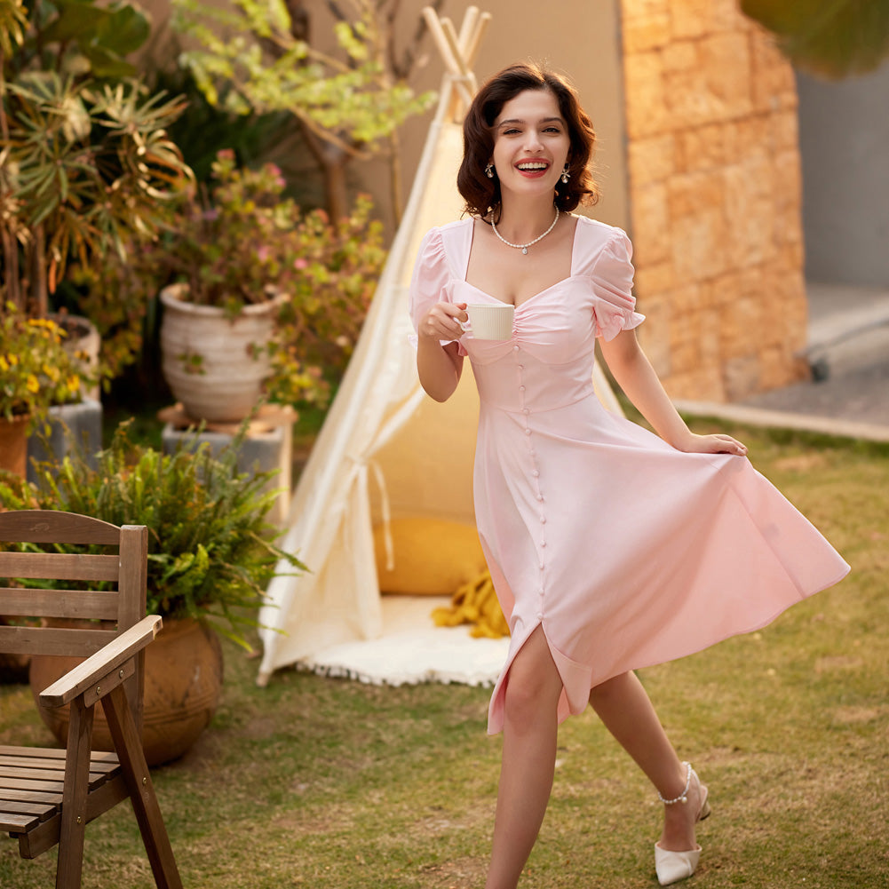 Vintage Solid Color Front Slit Dress Puffed Short Sleeve Sweetheart Neck Dress