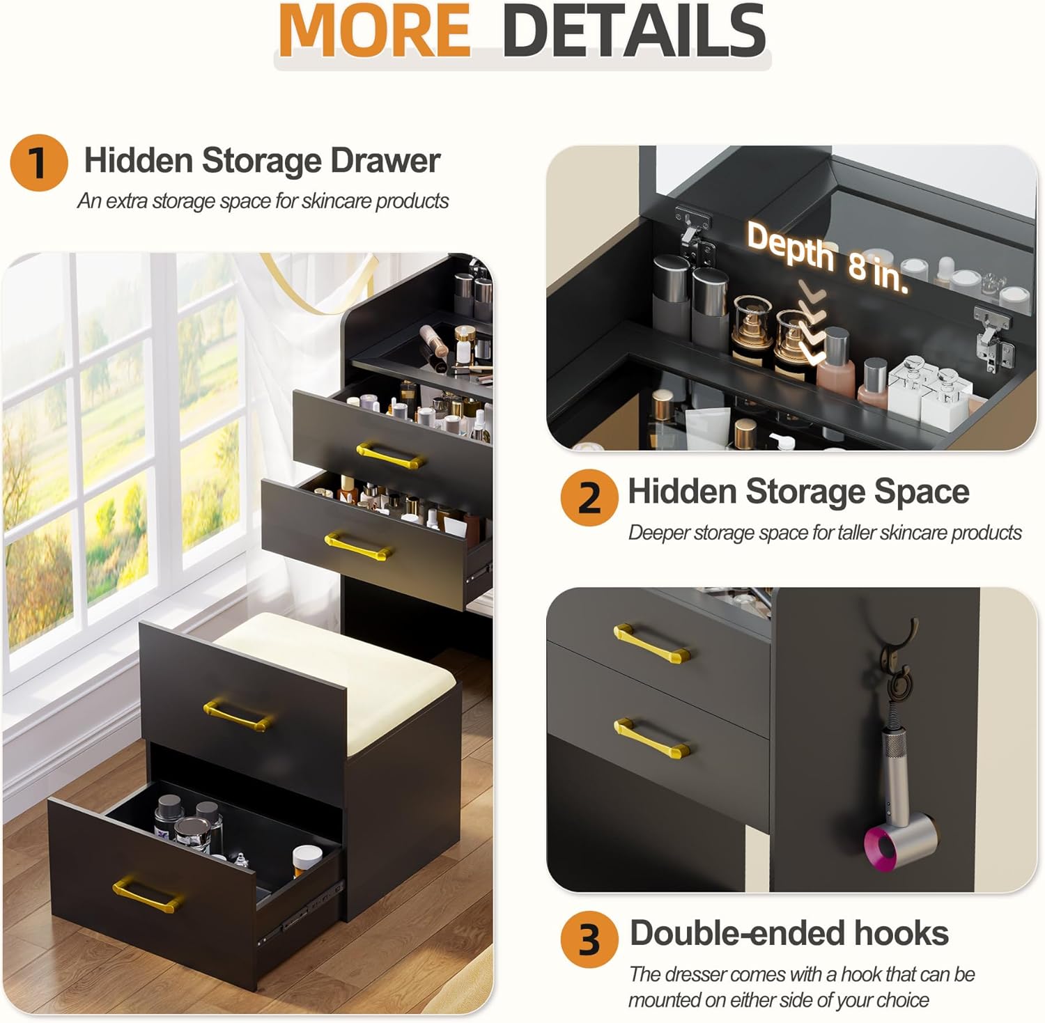 3 in 1 Vanity Desk with Flip Top Mirror for Bedroom