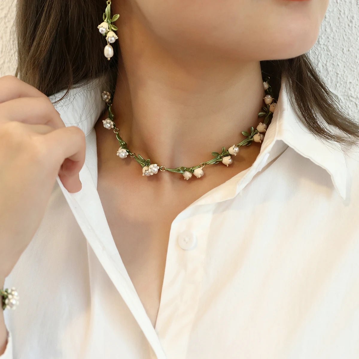 Lily of the Valley Pearl Choker Necklace. Bracelet. and Earrings Set