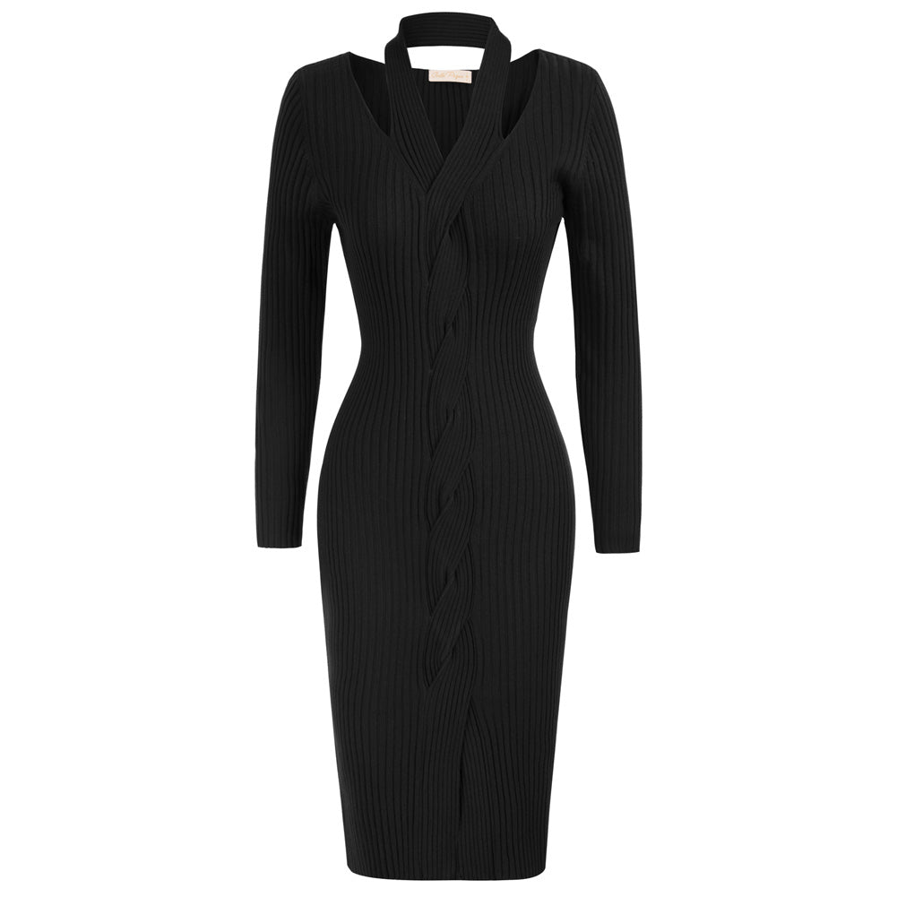 Halterneck Sweater Dress Long Sleeve Front Slit Knitted Bodycon Dress
