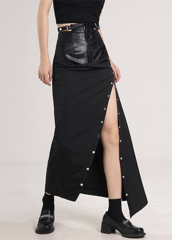 Black Button Patchwork side open Skirts Spring