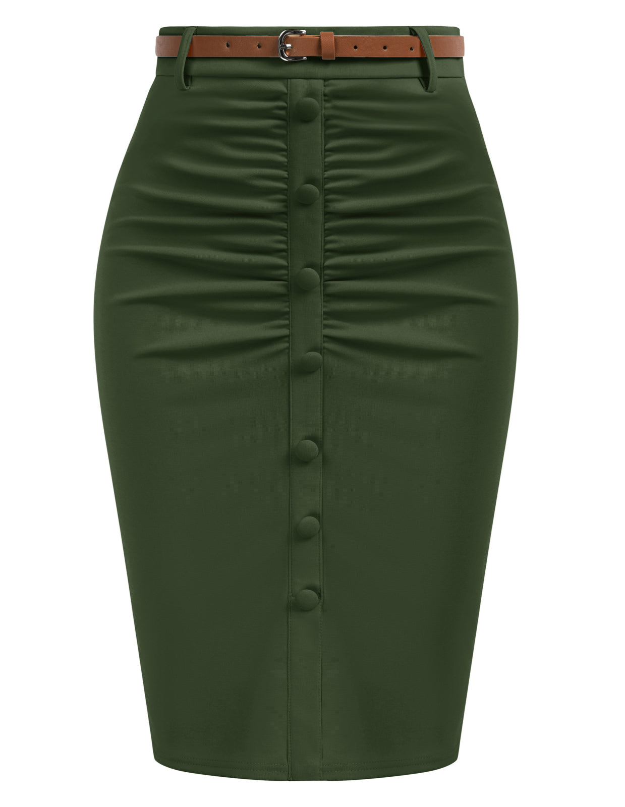 Vintage High Waist Front Slit Knee Length Ruched Pencil Skirt with Belt