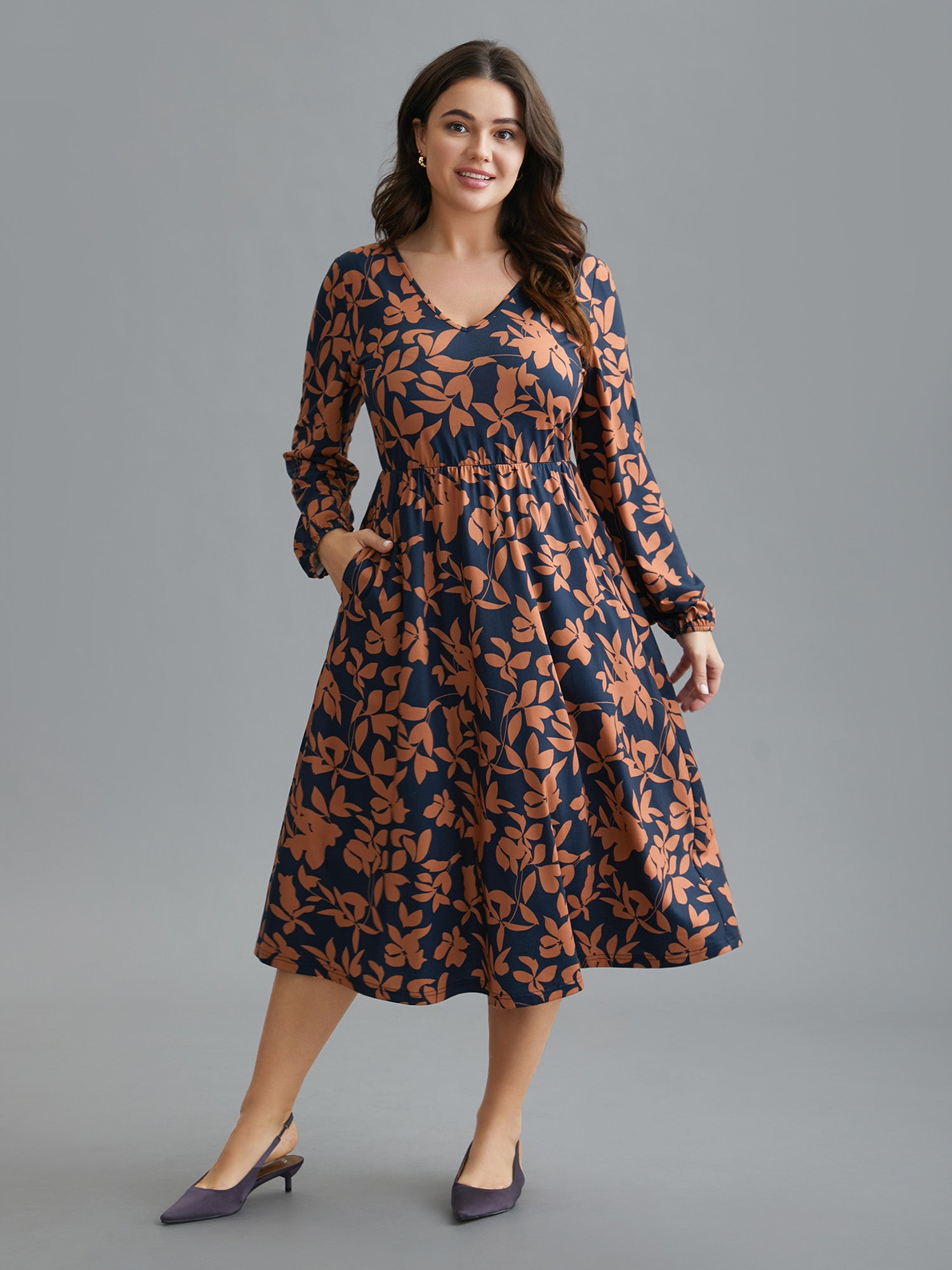 Autumn Leaves Print Fit-and-Flare Midi Dress