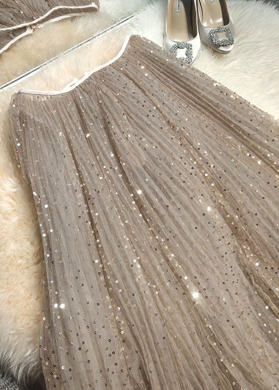 Bohemian Khaki Embroidered Sequins Tulle A Line Skirt Spring