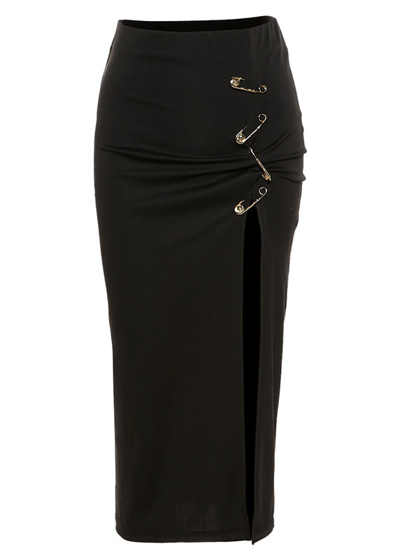 Sexy Black High Waisted Pin Embellished Split Buttocks Skirts Summer