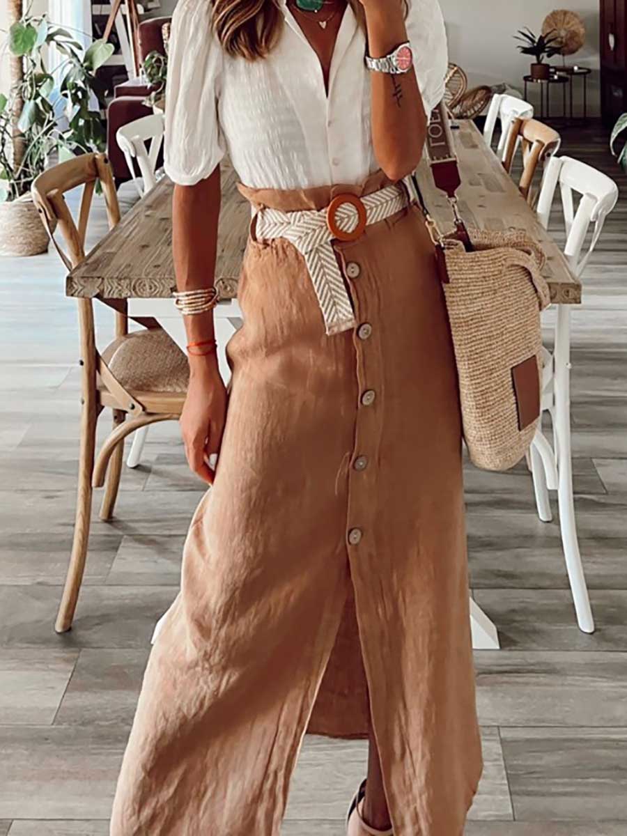 Cotton Linen Button Half Skirt