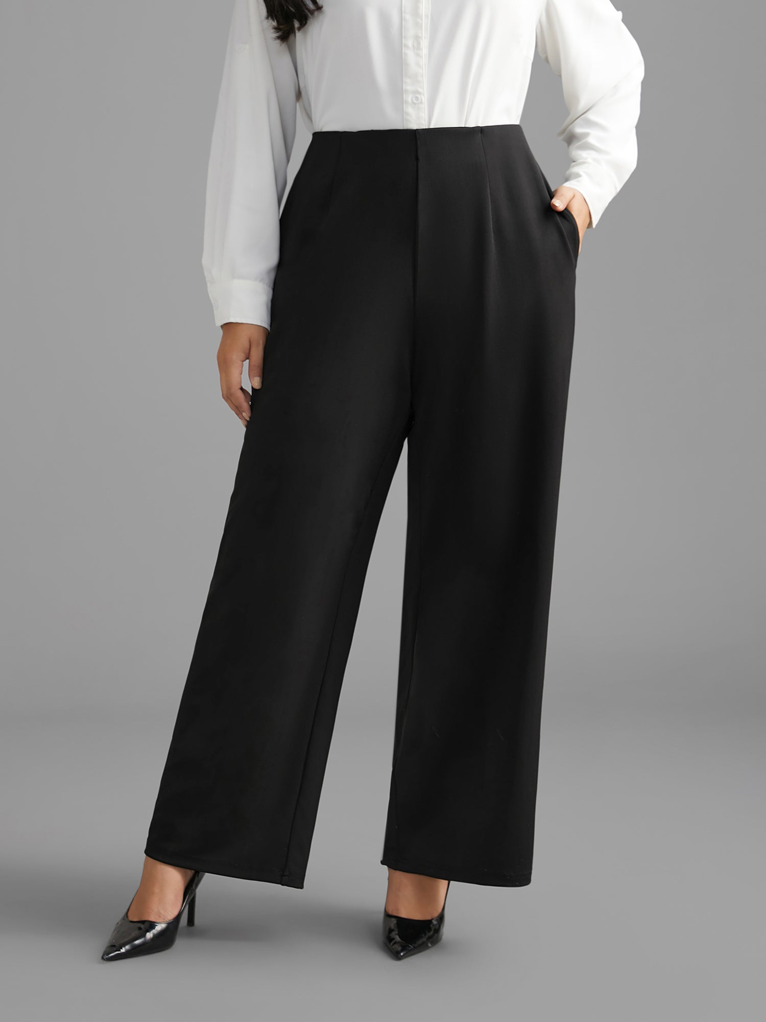 Solid Elastic Waist Pleated Wide Leg Pants