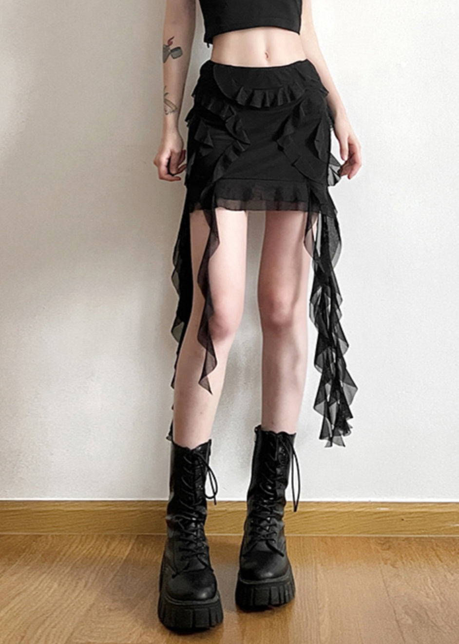 Beautiful Black Ruffled Patchwork High Waist Tulle Skirt Summer